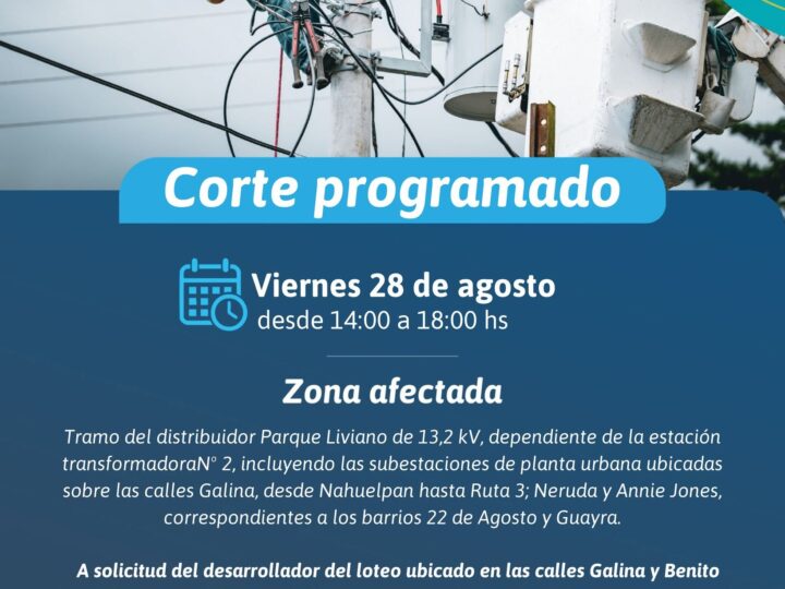 ⚡ Corte programado de energía afectará a distintos sectores de Trelew este viernes