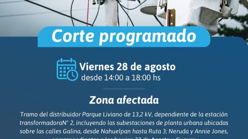 ⚡ Corte programado de energía afectará a distintos sectores de Trelew este viernes